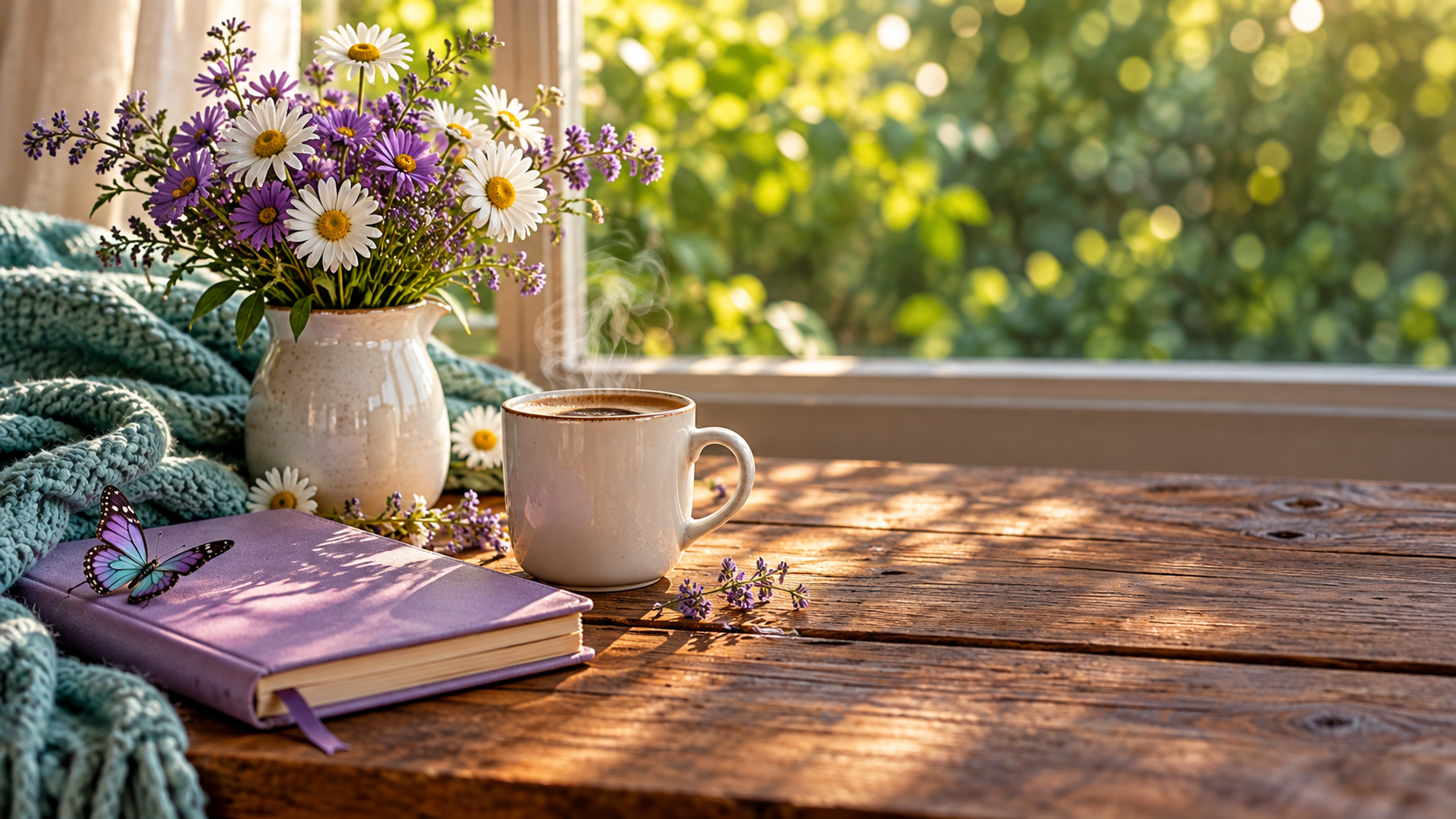Cozy still life: purple notebook with blue-purple butterfly, white pitcher of purple and white daisies, steaming mug of coffee, teal knitted blanket on warm wooden table by a sunlit window with soft mountain-green views