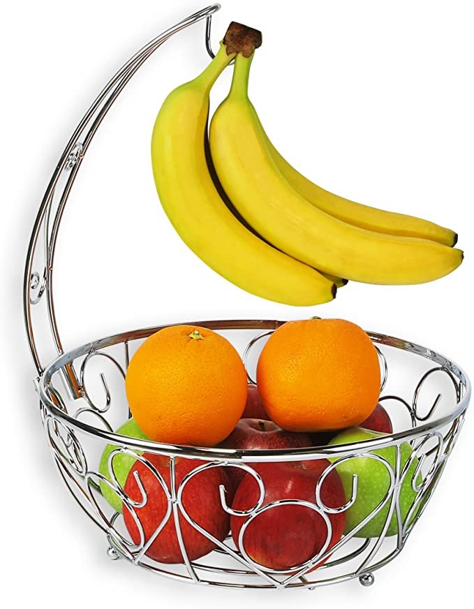 SimpleHouseware Fruit Basket Bowl with Banana Tree Hanger, Chrome Finish by Simple Houseware
