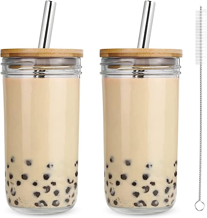 AmzFan Iced Coffee Cups, Boba Cup, Mason Jar with Lid and Straw 20 oz, Coffee Cups with Lids, Reusable Wide Mouth Boba Tumbler, Clear Travel Mug (2PCS-20 OZ)