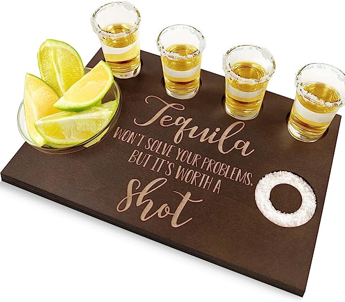 Huray Rayho Tequila Shot Board Serving Tray Huray Rayho Shot Glass Holder Display and Storage Shot Glasses with Salt Rim Bar Wooden Tray for Liquor Birthday Party Wedding Housewarming Men Women Gifts