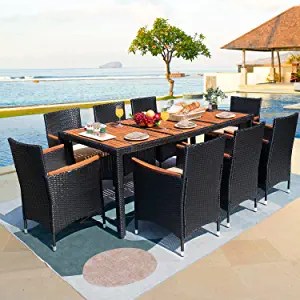 Devoko Outdoor Patio Dining Sets 9 Pieces Wicker Outdoor Dining Table and Chairs Set with Acacia Wood Table Top and Widened Armrests for Backyard, Garden, Deck

