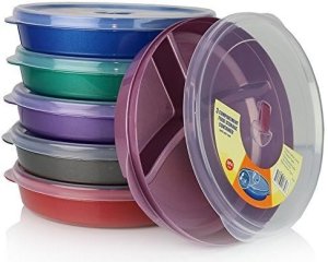 Paragon Microwave Food Storage Tray Containers - 3 Section/Compartment Divided Plates W/Vented Lid, Set of 6