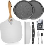 7PCS Foldable Pizza Peel Pizza Pan Set,12" x 14" Aluminum Metal Pizza Paddle with Wooden Handle, Rocker Cutter, Server Set, Baking Oven Mitts, Oil Brushes, Homemade Pizza Oven Accessories