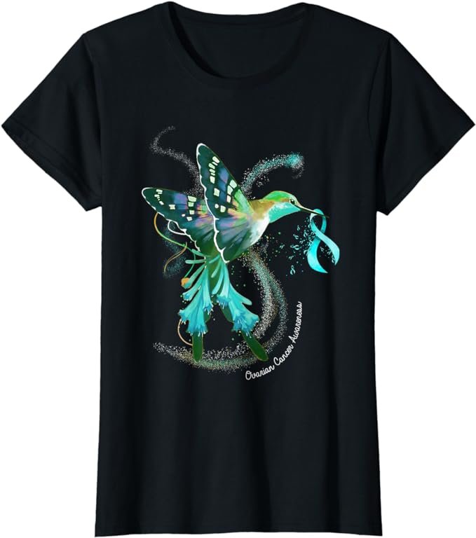 Hummingbird Holding Teal Ribbon Ovarian Cancer Awareness T-Shirt