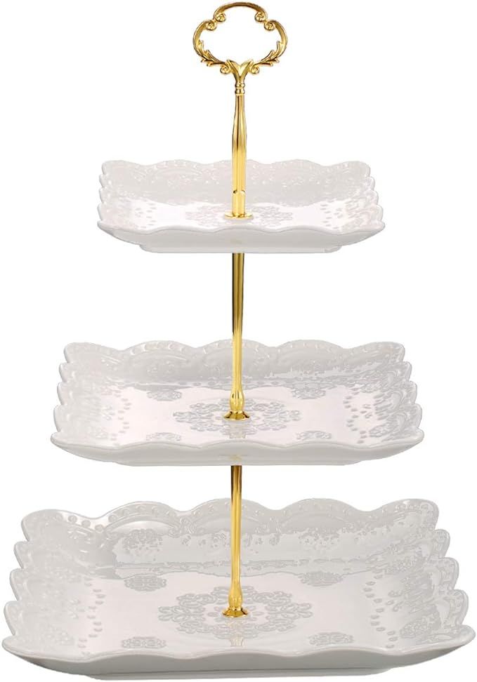 Sumerflos 3 Tier Porcelain Cupcake Stand, Tiered Serving Cake Stand, Square White Embossed Dessert Stand, Weddings Parties Pastry Serving Tray#NationalAfternoonTeaDay