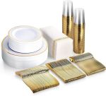 350 Piece MCIRCO Gold Dinnerware Set - 100 Gold Rim Plastic Plates - 50 Gold Plastic Silverware - 50 Gold Plastic Cups - 50 Gold Paper Napkins, 50 Guest Disposable Gold Dinnerware Set#NationalBrunchMonth