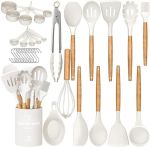 Umite Chef Kitchen Cooking Utensils Set, 33 pcs Non-stick Silicone Cooking Kitchen Utensils Spatula Set with Holder, Wooden Handle Silicone Kitchen Gadgets Utensil Set (Cream White)#CountryCookingMonth