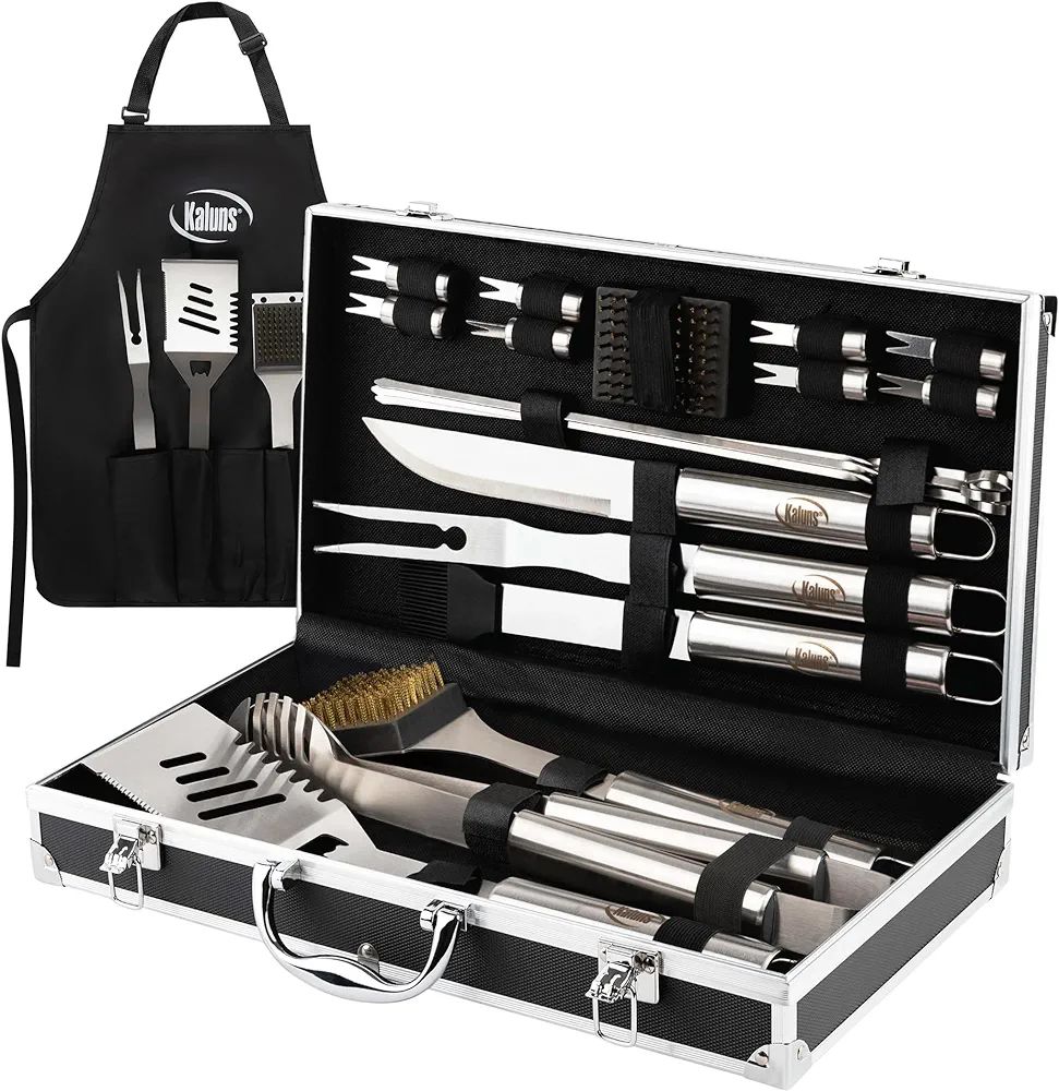 Grilling Accessories, Grill Tools, Fathers Day Grilling Gifts for dad, Heavy Duty Stainless Steel Grill Set BBQ Grill Accessories for Outdoor Grill with Aluminum Case and Apron
#NationalGrillingMonth