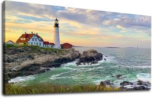 tigeridge Portland Head Light Wall Art Sunset Lighthouse Canvas Wall Art for Living Room Ocean Canvas Pictures Seascape Artwork Canvas Prints Office Home Wall Decor Framed Ready to Hang 20" x 40"
#NationalLighthouseDay