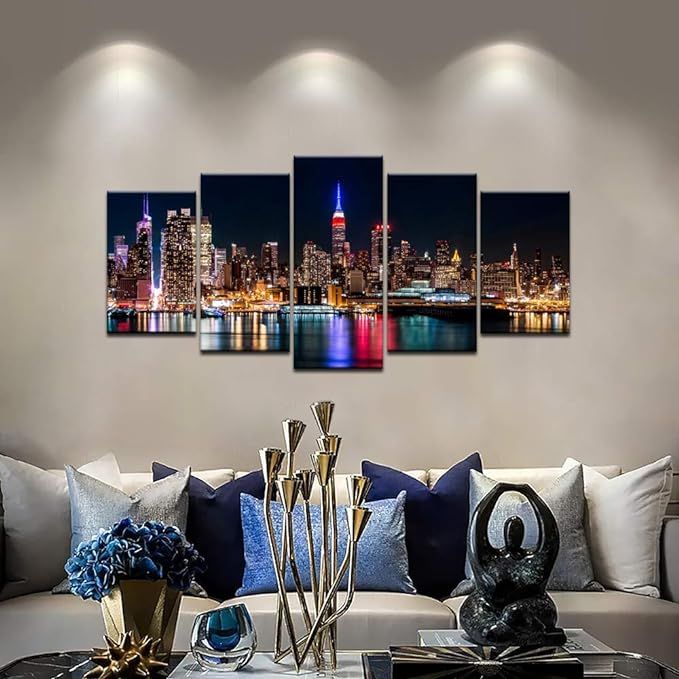 Biuteawal - New York City Canvas Wall Art Manhattan Skyline at Night Picture Prints Modern Home Office Wall Decoration Stretched Ready to Hang#NationalNewYorkDay