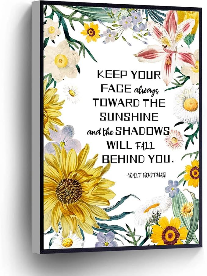 Keep Your Face Always Toward The Sunshine Canvas Wall Art Walt Whitman Quote Poster Watercolor Sunflower Print Stretched And Framed Ready To Hang For Living Room,Bedroom,Classroom Etc (8" X 12")