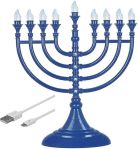 Traditional LED Hanukkah Menorah Powered by Battery or USB Chanukiah Electric Menorah 4' Micro USB Cable Included - Electronic Chanukah Candles Minorah Lighted Hanukah Decorations (Blue)