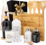 Happy Banana House Warming Gifts New Home – Home Essentials for New Home Gift Set Includes Scented Candle, Bamboo Cutting Board, Soap Set, Towels, Salt and Pepper Shaker – Luxury New House Must Haves#HomeownershipMonth