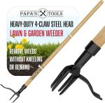 Papa's Tools Weeder - Stand Up Weed Puller Tool Made with Long Wooden Handle - Real Bamboo & 4-Claw Steel Head - Easily Remove Weeds Effortlessly Without The Need to Tug, Bend, Or Flex