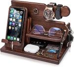 TESLYAR Wood Phone Docking Station for Men - Desk or Nightstand Organizer - Birthday Gifts for Husband, Dad - Anniversary Idea from Wife - Key Holder, Stand Wallet, Watch & Essentials (Bourbon Brown)#SeptemberBirthday#SaunterThroughSeptember