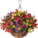 HyeFlora Artificial Faux Hanging Plants Flowers Basket for Summer Outdoor Outside Decoration, Fake Silk UV Sun Resistant Look Real Colorful Daisy Eucalyptus...