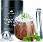 Huanuith Whiskey Glasses Charred Wooden Bourbon Glass, 10oz Handmade with Stones & Tongs – Unique Bourbon Gifts for Men Dad Husband, Ideal for Christmas.