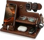 TESLYAR Wood Phone Docking Station for Men - Desk or Nightstand Organizer - Birthday Gifts for Husband, Dad - Anniversary Idea from Wife - Key Holder, Stand Wallet, Watch & Essentials (Bourbon Brown)