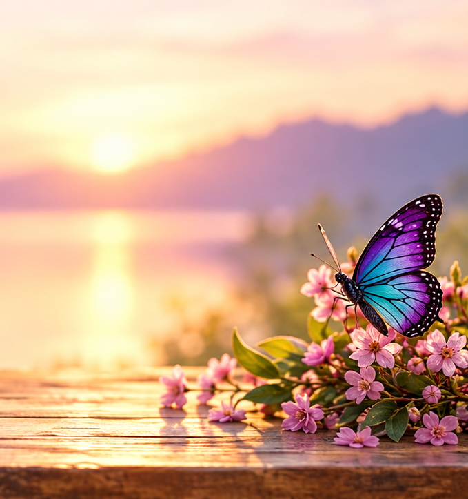cozy butterfly with mountain background